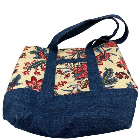 Handmade Denim & Floral Canvas Tote Bag with Pockets 13x14x6 - Picture 4 of 13